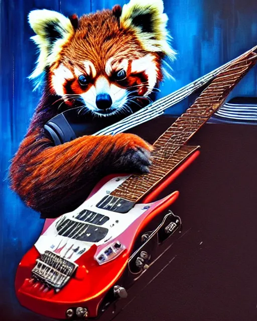 Image similar to a portrait of an anthropomorphic cyberpunk red panda shredding an electric guitar by sandra chevrier, by jon foster, detailed render, electric guitar, epic composition, cybernetics, 4 k realistic, cryengine, realistic shaded lighting, sharp focus, masterpiece, by enki bilal