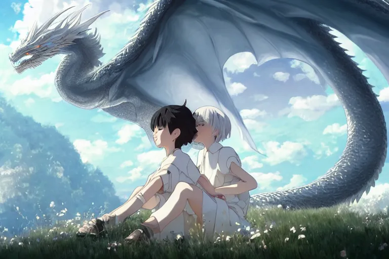 Prompt: a hyper detailed big render that a beautiful girl sitting surrounded by a huge silver white dragon alone in fairyland surrounded by white clouds, finely detailed angelic face, style of studio ghibli, makoto shinkai, xision, ilya kuvshinov and artgerm, kazuki tanahashi, james jean, animation style, golden curve composition, ultra wide angle