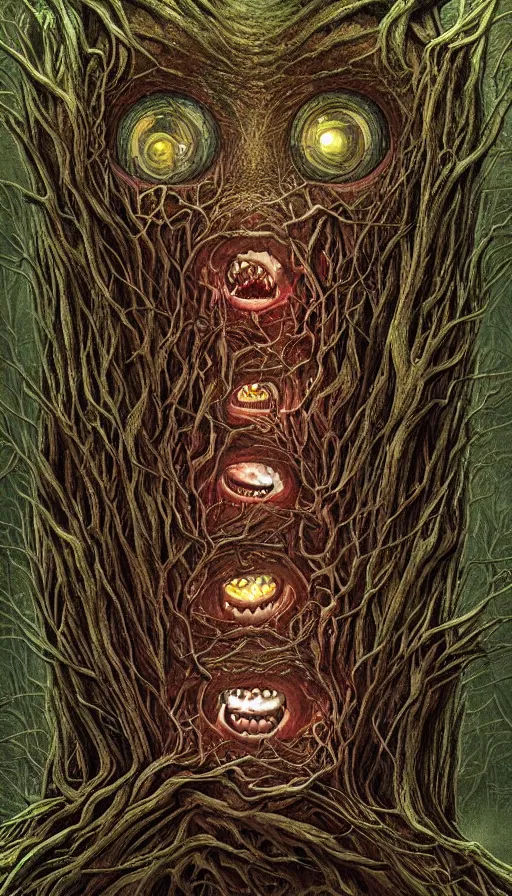 Prompt: a storm vortex made of many demonic eyes and teeth over a forest, by naoto hattori