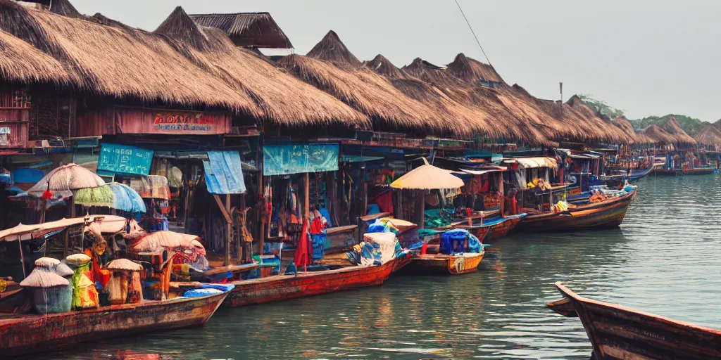 Image similar to shops at pulau indah fishing village, near a jetty, early morning, detailed matte painting, low angle view, telephoto lens, bokeh, hayao miyazaki, artstation