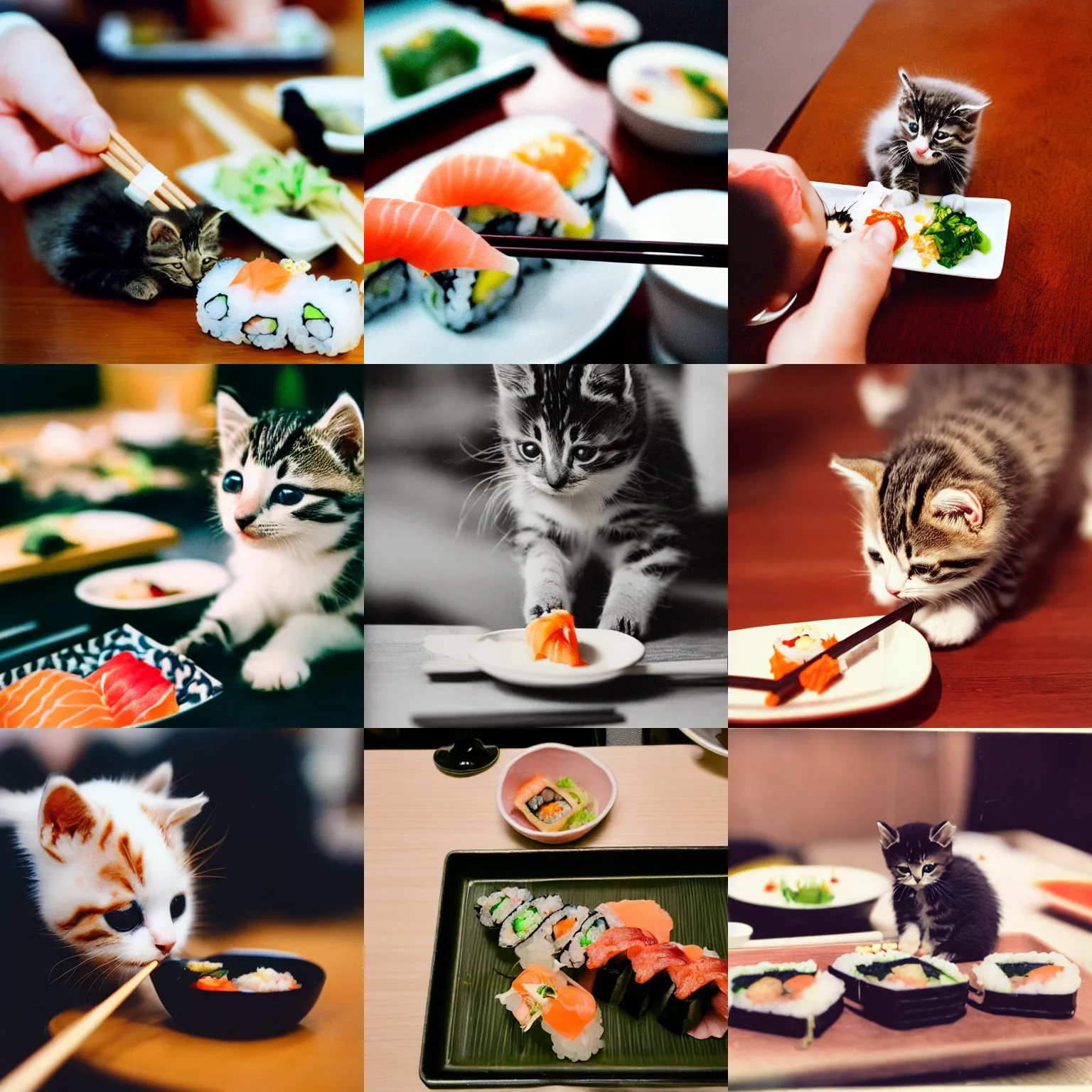 Prompt: a kitten eating sushi with chopstick, 3 5 mm photography