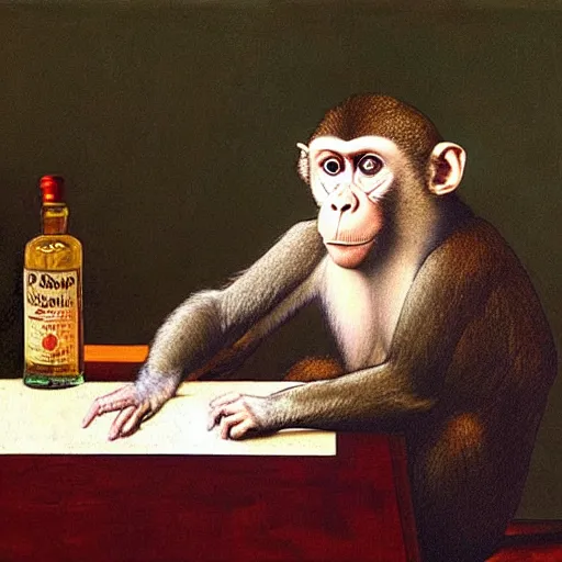 Image similar to Frustrated monkey sitting in front of computer and coding, bottle of rum is near the computer, Leonardo da Vinci painting