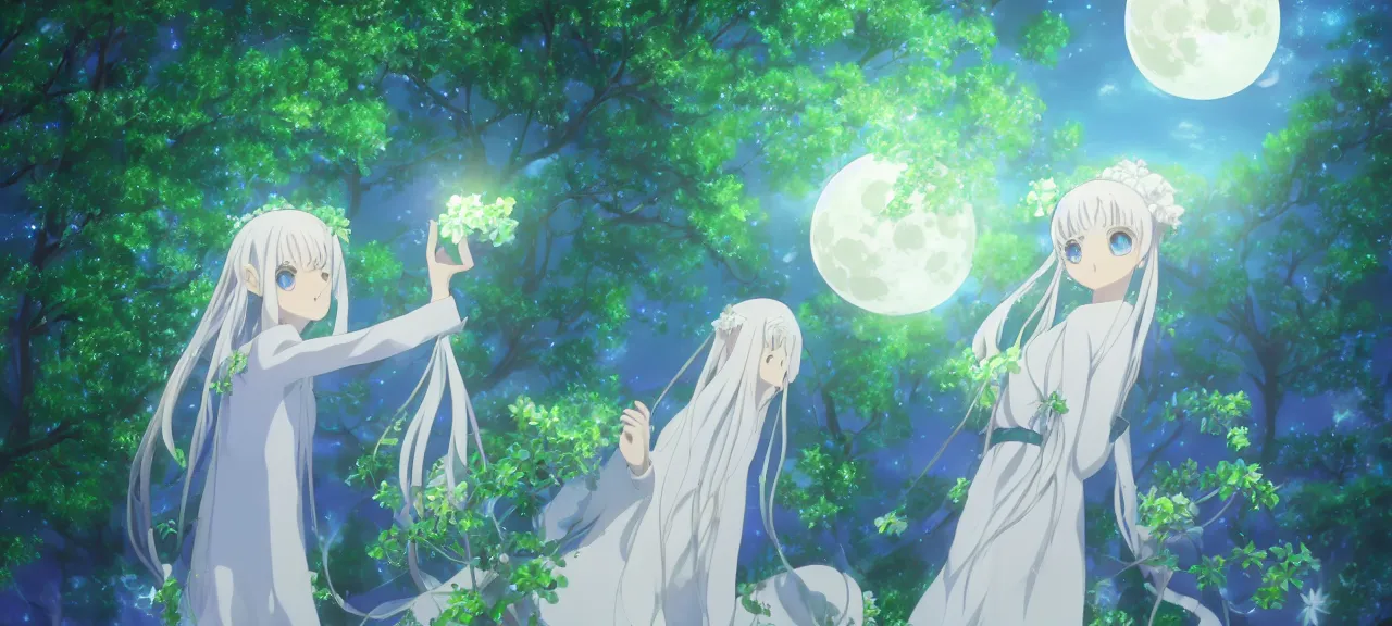 Image similar to Illyasviel holding floating green crystal | ghibli clover | Big Moon at Blue Night | Trees with white flowers | bioluminescent blue FLOWERS | strong blue rimlit | visual-key | anime illustration | highly detailed High resolution | Light Novel | Visual Novel | Gosick