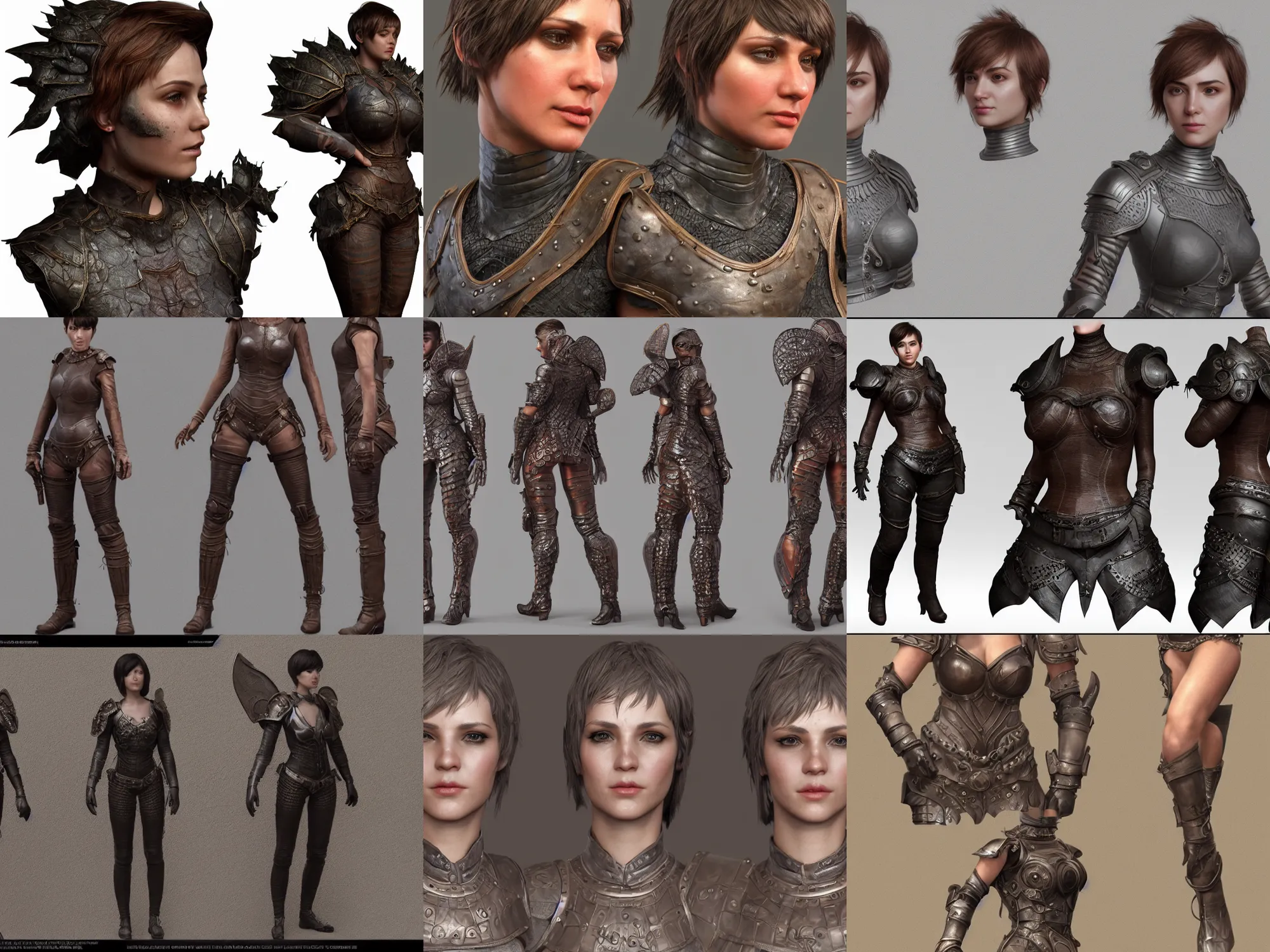Prompt: hyper detailed substance painter texture mapped 3 d full body character turnaround of a woman with a pixie cut and leather armor, realistically proportioned face, photorealistic eyes, cinematic lighting, good value control, smooth, realistic shading, realistic face details, highly detailed, digital painting, painted texture maps, illustration, substance painter