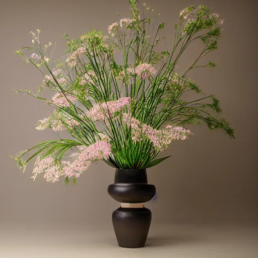 Image similar to a photo of 8k Ikebana in flower vase, ikenobo, ohararyu, sougetsu, wide angle, full body, sony a7r3, ultra detail, photorealistic, in simple background