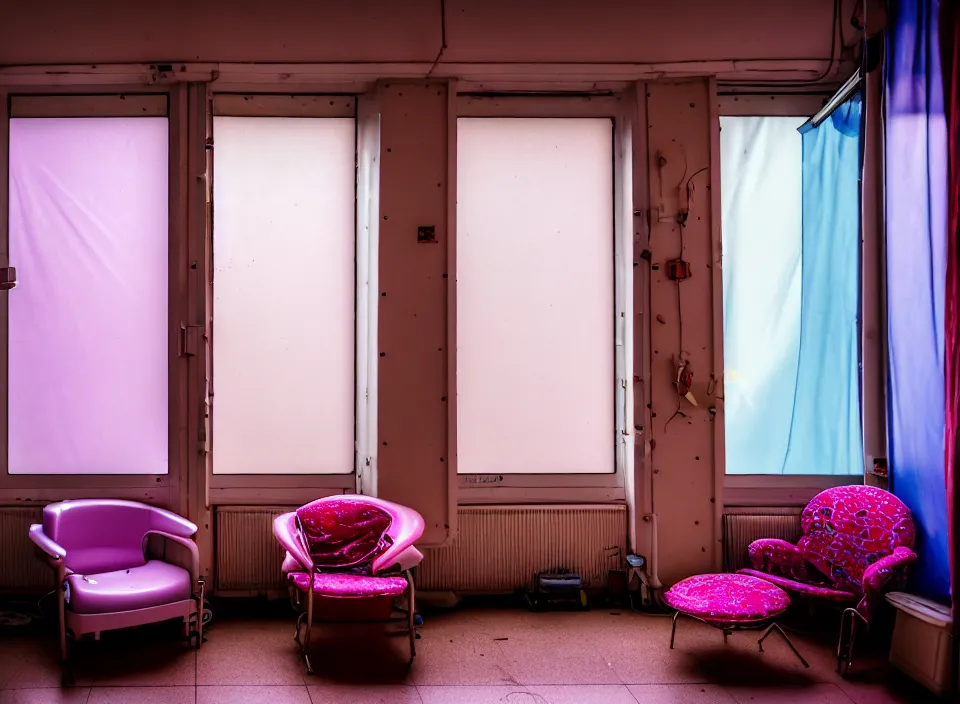 Prompt: telephoto 7 0 mm f / 2. 8 iso 2 0 0 photograph depicting the feeling of chrysalism in a cosy cluttered french sci - fi ( art nouveau ) cyberpunk apartment in a pastel dreamstate art cinema style. ( laundry, computer screens, window ( city ), armchair, lamp ( ( ( fish tank ) ) ) ), ambient light.