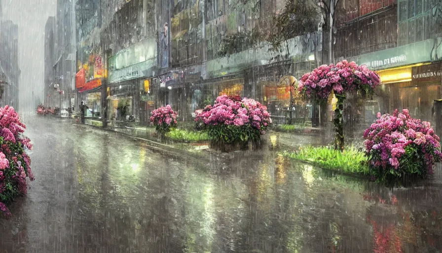 Image similar to city full of flowers, plant and trees, during heavy rain, artstation