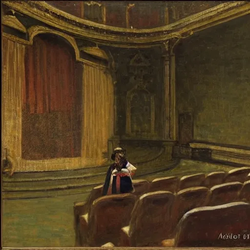 Prompt: an actress on stage in an old theater, only a single visitor in the audience, by alfred stevens
