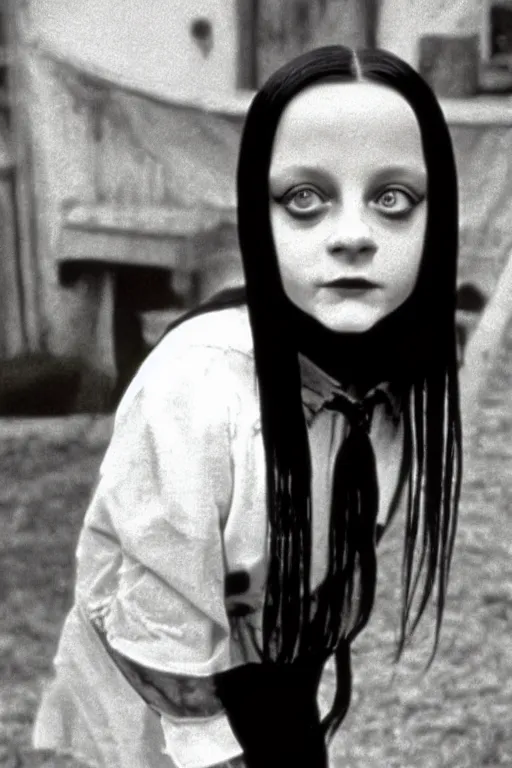 Image similar to Young Jodie Foster as Wednesday in The Addams Family movie 1991