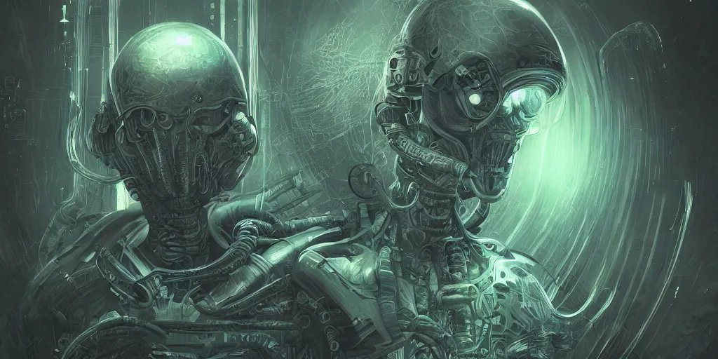 Image similar to isometric portrait of advanced alien, his last moment, mystical, technology meets fantasy, concept art, art station, style of giger