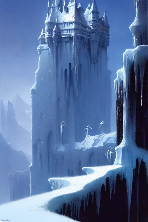 Image similar to castle of ice by bruce pennington and gustave courbet, 4 k, hd, amazing details, sharp focus, post - processing, smooth, sharp focus, artstation hd, by greg rutkowski