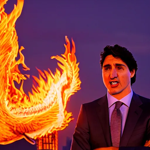 Image similar to Justin Trudeau breathing fire like a dragon at his enemy across from him President Obama, Studio lighting, shallow depth of field. Professional photography City at night in background, lights, colors,4K