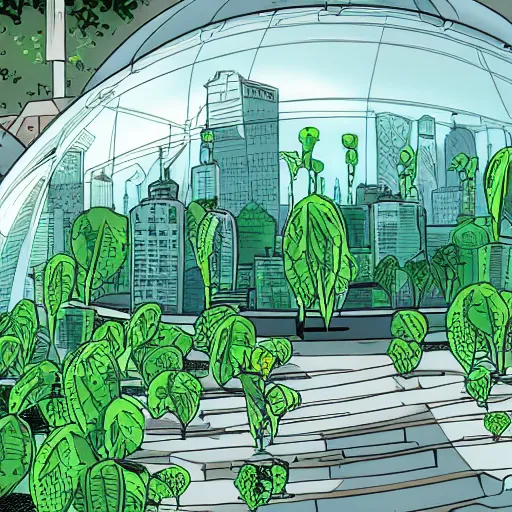 Image similar to a city shrouded in a dome of transparent plants, comic book style, high res