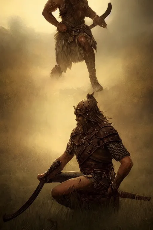 Prompt: aesthetic digital illustration of a defeated viking warrior on his knees by anne stokes, greg rutkowski, and brian belle din | dirty and bloody, concept art, character concept, matte background, golden ratio, rule of thirds, golden hour lighting, unreal engine, finalrender, centered, deviantart, artgerm