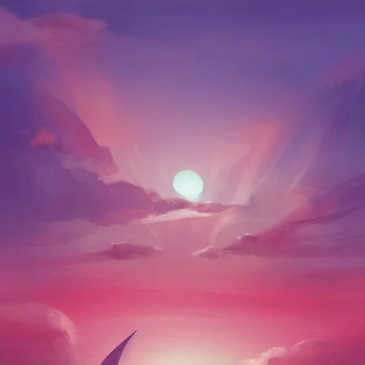 Prompt: a small sailboat flying through the sky, fluffy clouds, red-pink sunset, floating, fantasy, concept art, illustration, artstation award, bright