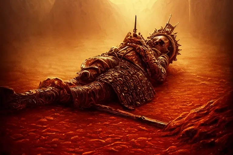 Image similar to the king in the desert dead on the ground, killed, red blood on gold sand, dark tragic scene, detailed scene, killed in war, fallen Crown, highly detailed, blood and dust, cinematic lighting, dramatic lighting, trending on artstation, elegant, intricate, tragedy, fantasy, D&D, highly detailed, digital painting, concept art