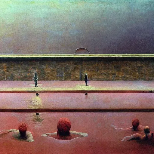 Image similar to painting of a scifi ancient civilzation victorian swimming pool, beksinski