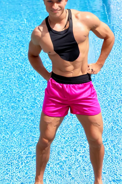 Image similar to a handsome male humanoid android with blonde hair, ken, muscular wearing a cut-off black crop top and short light pink shorts standing by a swimming pool, shiny glossy skin