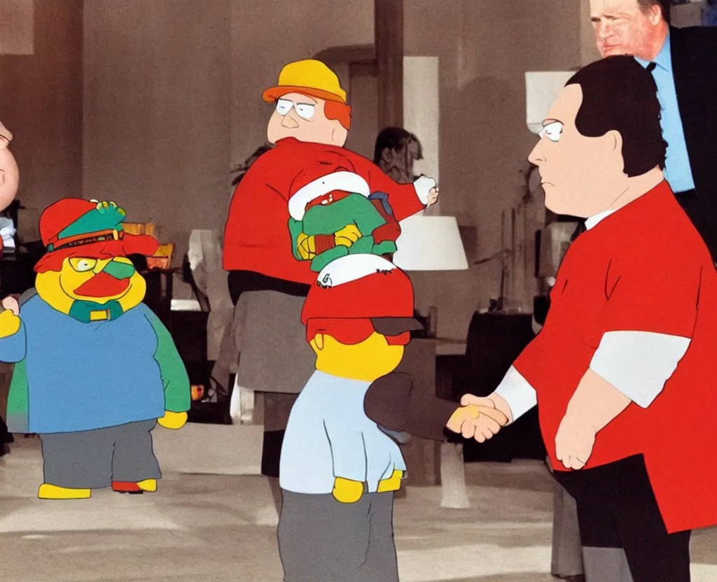 Image similar to Eric Cartman from South Park shaking hands with Richard Nixon, close-up photograph