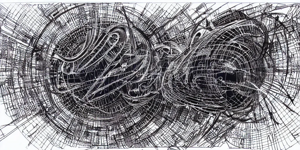 Image similar to a blueprint for a wormhole generator, intricate illustration, ultra detailed, technopunk, darksynth, intricate lines, detailed notes, sketch, 8 k, by tsutomu nihei