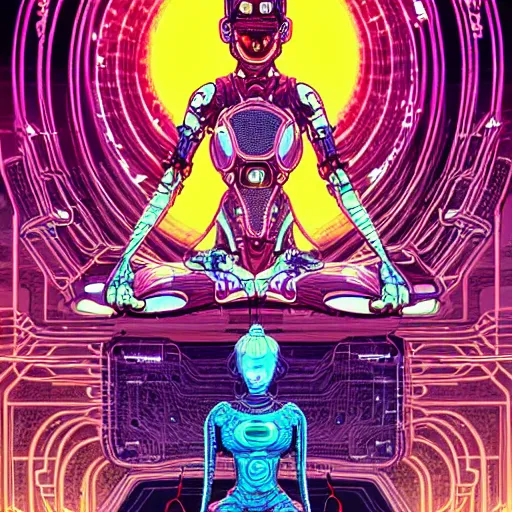 Image similar to a portrait of a beautiful cybernetic woman meditating in lotus pose, wires, cyberpunk concept art by josan gonzales and philippe druillet and dan mumford and enki bilal and jean claude meziere