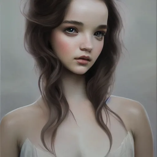 Image similar to tom bagshaw portrait, beautiful mix of dove cameron madison beer bella poarch in a full ballerina suit, short redhead, professionally retouched, focus eyes, ultra realistic soft painting, insanely detailed linework, symmetrical accurate intricate features, behance, 8 k, - signature