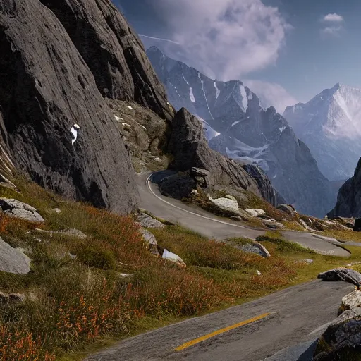 Image similar to high alpine landscape with windy road, unreal engine, high quality digital art, dramatic lighting, photo realism