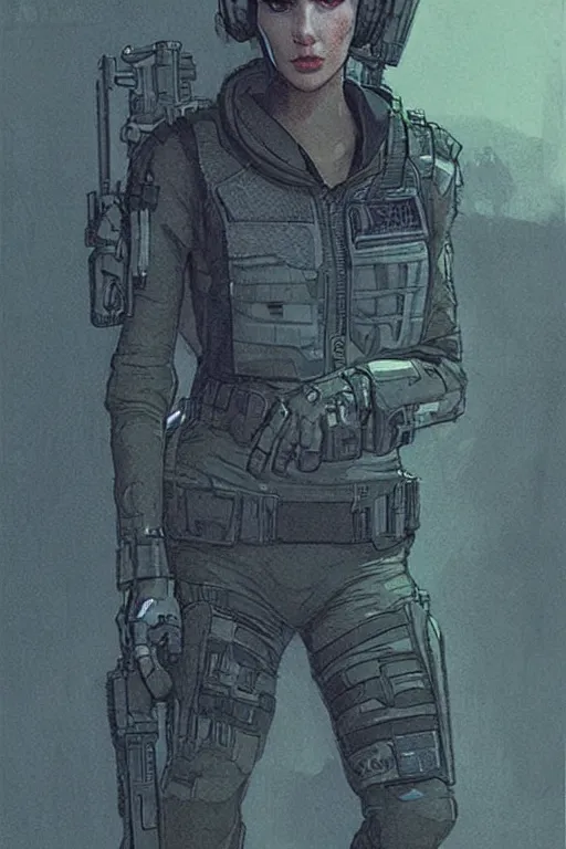 Image similar to Sara the ghost. blackops mercenary in near future tactical gear and cyberpunk headset. Blade Runner 2049. concept art by James Gurney and Mœbius.