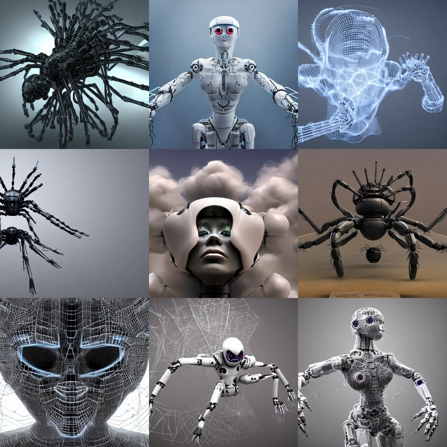 Prompt: physically unbiased rendering of the mother of civilization transforming into a cloud of robotic spiders