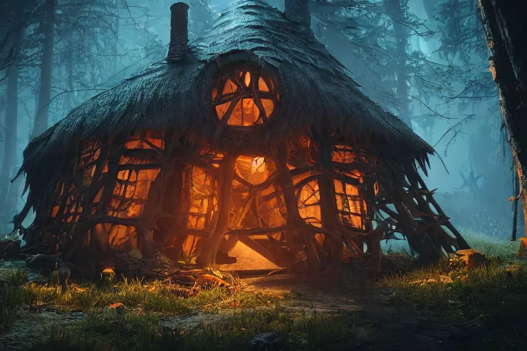 Prompt: witch hut, hyper realistic, ambient lighting, concept art, intricate, hyper detailed, smooth, dynamic volumetric lighting, octane, raytrace, cinematic, high quality, high resolution, 4 k, cgsociety, rutkowski, unreal engine 5