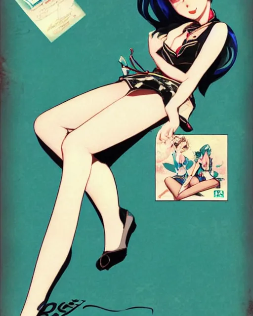 Image similar to Hatsune Miku full body pin up modeling in idol unioform, with a park in the back ground, post war style, detailed face, american postcard art style, by Gil Elvgren