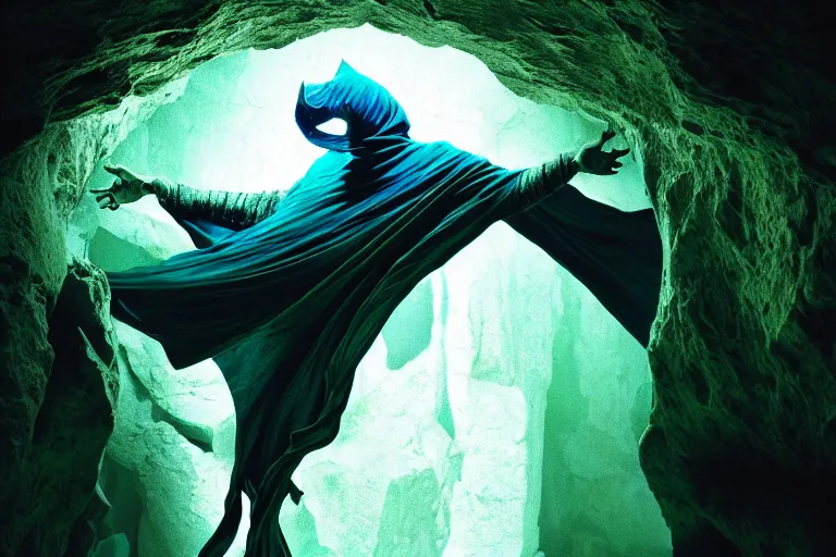 Image similar to vfx film, soul reaver, raziel irl, price of persia movie, missing jaw, hero pose, devouring magic souls, scarf, hood, glowing green soul blade, in epic ancient sacred huge cave temple, flat color profile low - key lighting award winning photography arri alexa cinematography, hyper real photorealistic cinematic beautiful, atmospheric cool colorgrade