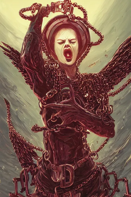 Image similar to lucifer, dark angel, red eyes, chain, handcuffs, large chain, wide open mouth, scream, cruelty, sad, sea bottom, light effect, hyper detailed, intricate, elegant, highly detailed, digital painting, artstation, concept art, matte, sharp focus, illustration, by dan mumford, yusuke murata, makoto shinkai, ross tran