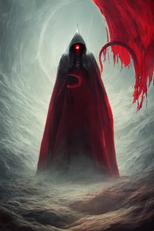 Prompt: A full body portrait of a mysterious character with no face with a very long hooded red cloak, a golden crown floating above his head tentacles coming out the ground art by James Paick, and Shaddy Safadi, ominous, cosmic horror, trending on artstation, Ultra detailed, hyper realistic 4k