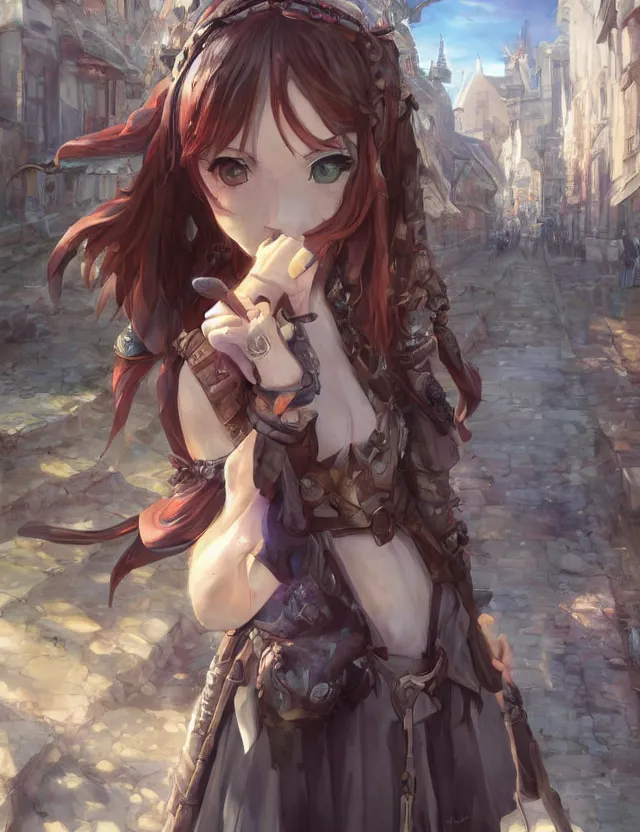 Image similar to scenic wide angle portrait of a teenage girl in town center, confident knight's outfit, anime in fantasy style, trending artwork, painted in anime painter studio, by anato finstark, tony sart, marc simonetti and an anime artist, collaboration