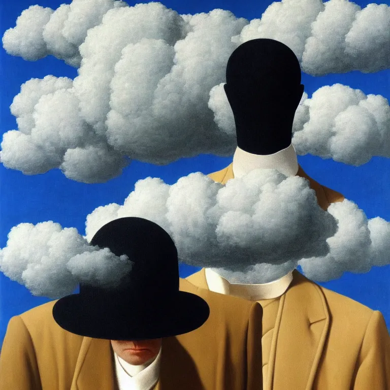 Image similar to portrait of a man whos head is a cloud, his head is hidden with cloud, by rene magritte, detailed painting, hd, hq, high resolution, high detail, 4 k, 8 k