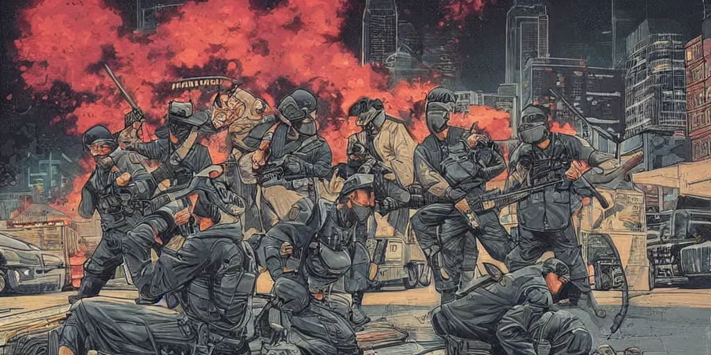 Image similar to Milwaukee cops vs. Ninjas. Epic painting by James Gurney and Laurie Greasley.