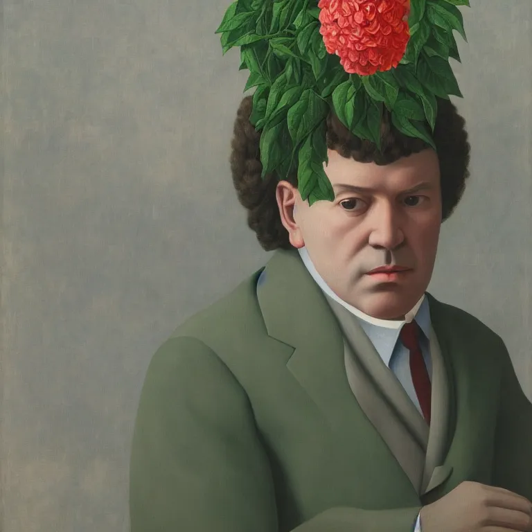 Image similar to portrait of a man, beautiful large flowers replaced his head, by rene magritte, detailed painting, hd, hq, high resolution, high detail, 4 k, 8 k