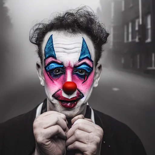 Image similar to an old 5 0 mm close up portrait of a man putting on clown makeup in a dark foggy alley