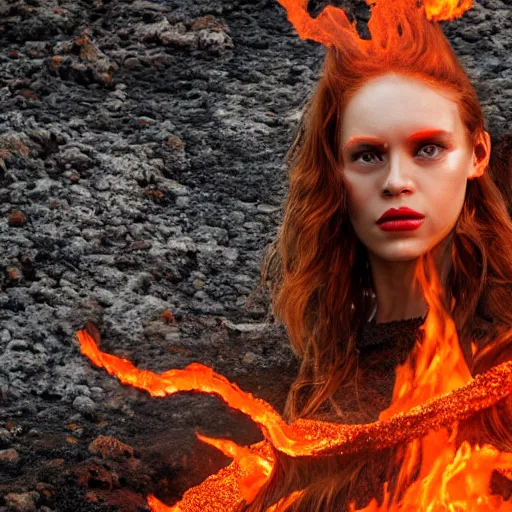 Prompt: beautiful fire woman, gorgeous face, lava flowing, flames, lava highlights, red eyes, long ginger hair, fire queen, goddess, volcanic background, smoke rising, low angle mist, high octane, frostbite, 8 k, cinematic, 3 5 mm, dynamic lighting, photo realistic, ultra - hd,