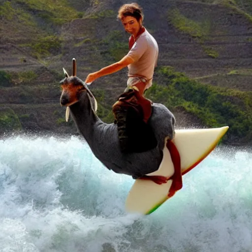 Prompt: Mr bean surfing on a goat