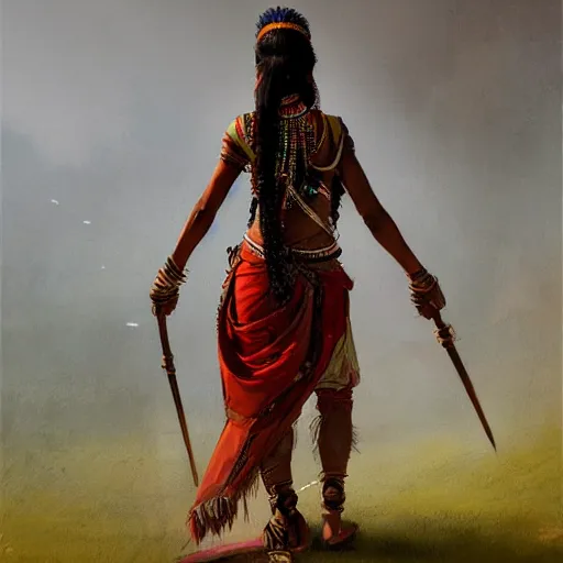 Image similar to back view of a beautiful indian tribal woman warrior, by dreadjim, Greg Rutkowski, james gurney, low angle view, masterpiece, cinematic