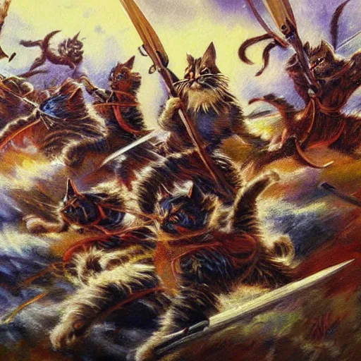 Prompt: cat warriors charging into battle fantasy painting heroic bearing by the best cat artist ever