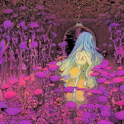 Prompt: A beautiful composition of a psychedelic glowing spirit animal psychonaut floating above a hedge maze, DMT, rich details full of texture, realistic eyes, artwork by Satoshi Kon and Yoshitaka Amano and Moebius