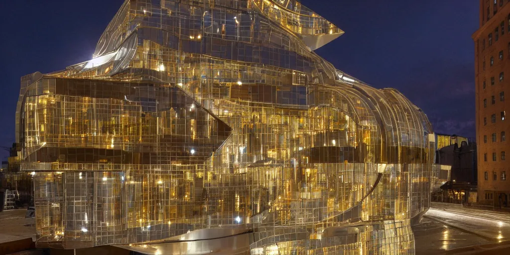 Image similar to wide angle photo of futurist building made from reflective nickel chrome with copper and gold. inspired by 1 9 2 0 locomotive. late evening with reflective pool and glowing lights. bella hadid. highly reflective and shiny. frank loyde wright