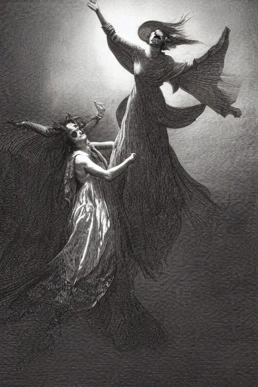 Image similar to A maiden dancing with the devil in the style of Gustave Dore