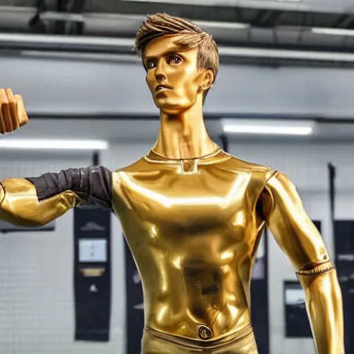 Image similar to a realistic detailed photo of a guy who is an attractive humanoid who is half robot and half humanoid, who is a male android, soccer players martin ødegaard, shiny skin, posing like a statue, blank stare, in a factory, on display, showing off his muscles, gold soccer shorts, back view