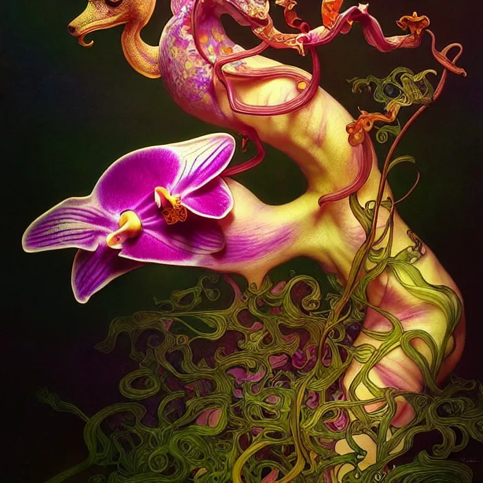 Prompt: psychedelic orchid animal, diffuse lighting, fantasy, intricate, elegant, highly detailed, lifelike, photorealistic, digital painting, artstation, illustration, concept art, smooth, sharp focus, art by John Collier and Albert Aublet and Krenz Cushart and Artem Demura and Alphonse Mucha