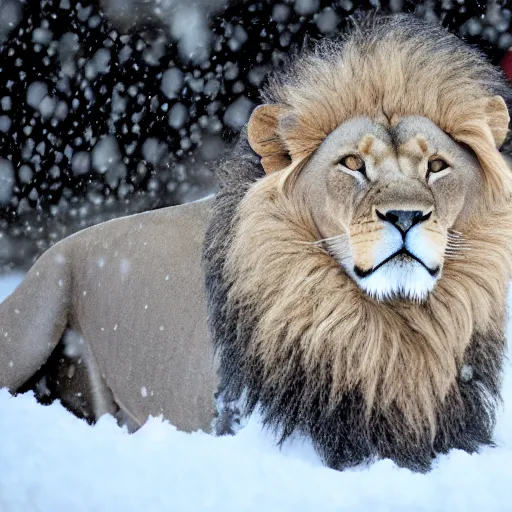 Image similar to a lion in the snow, blizzard,