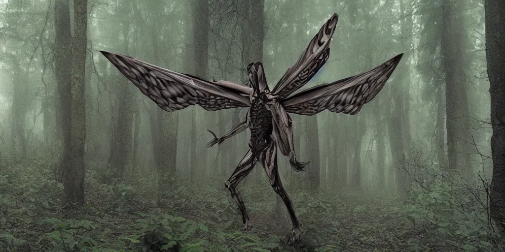 Image similar to Man-Moth hybrid wings for arms in a forest filled with fog off in the distance looking back at the camera, hyper detailed